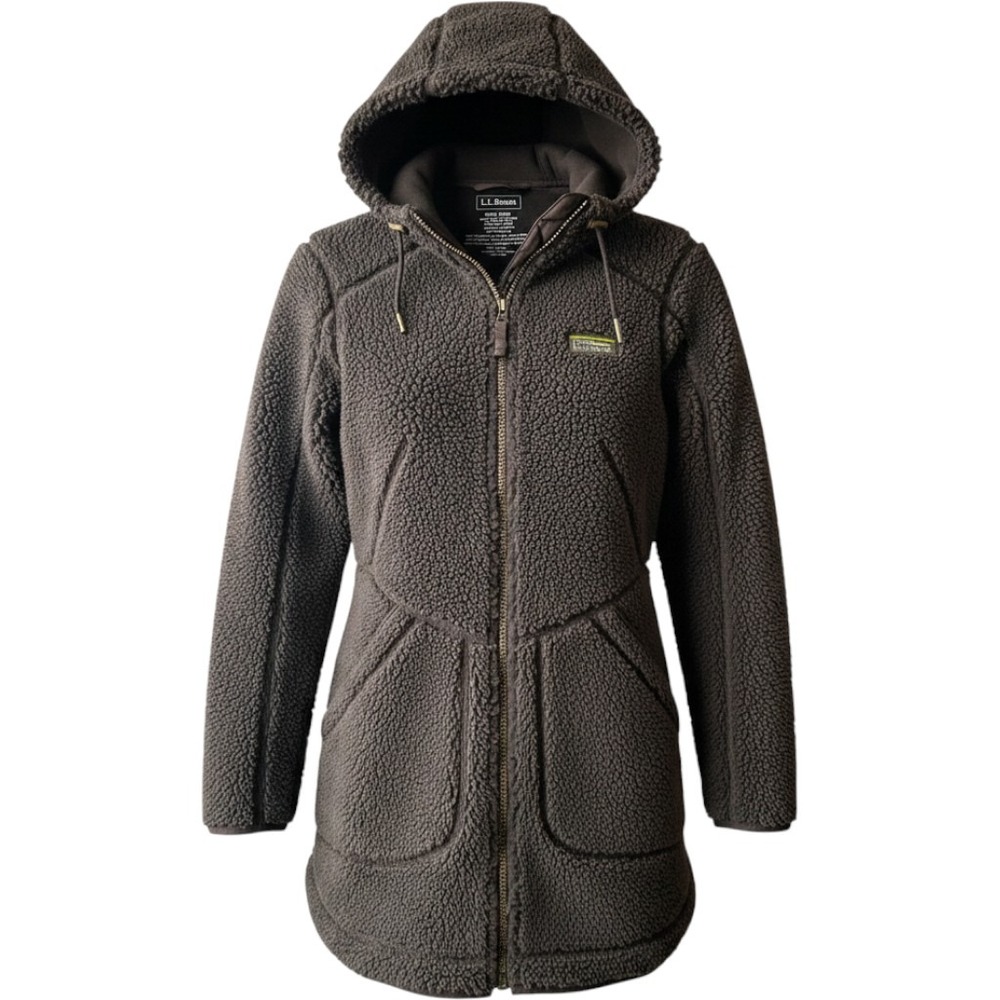 LL Bean Fleece Jacket Womens XXS Brown Full Zip Sherpa Hoodie Long Coat Outdoor